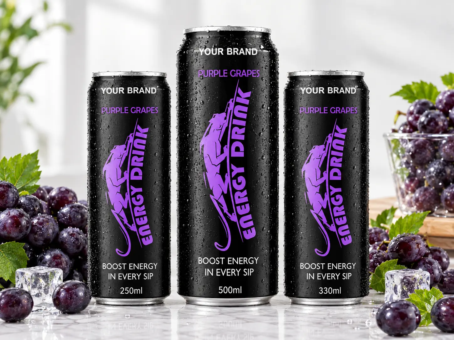 ENERGY DRINK Purple Grapes flavour in 250ml, 500ml and 330ml cans.